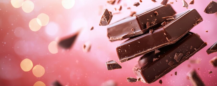 Rich chocolate pieces exploding against a soft pink background, creating a dynamic and indulgent visual that delights the senses.