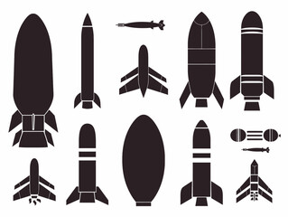 Obraz premium Rocket Silhouettes: Collection of Vintage Rocket and Missile Illustrations