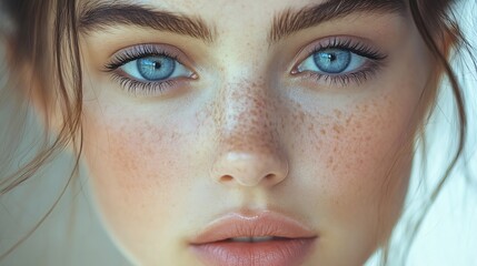 Fototapeta premium Beauty Beautiful Woman Close Up Portrait Young BlueEyed Model With Perfect Skin And Natural Daily Makeup Looking At Camera : Generative AI