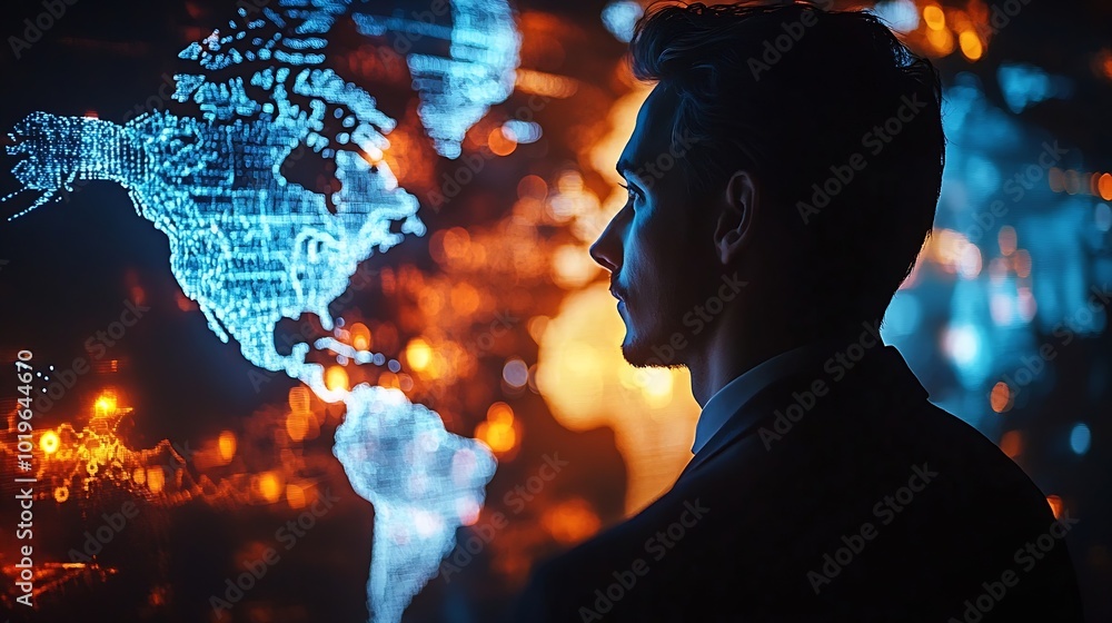 Poster Tech driven Global Business Businessman embraces technology as he analyzes big data for business intelligence composition of world map digital links emphasizes interconnectedness of gl : Generative AI