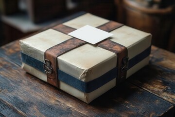 simple white shipping label affixed to a craft box mockup on a rustic wooden background designed for product packaging visuals showcasing minimalism and practicality in design