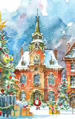 Fototapeta premium Snowy Christmas Town Square Watercolor Painting