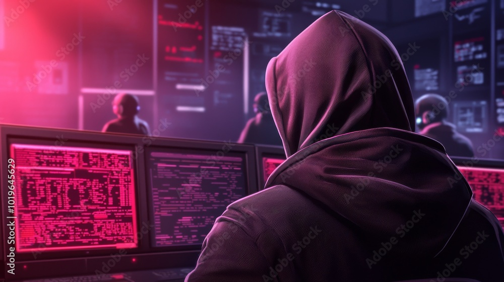 Poster a hooded figure sits before glowing monitors, immersed in a digital environment filled with code and