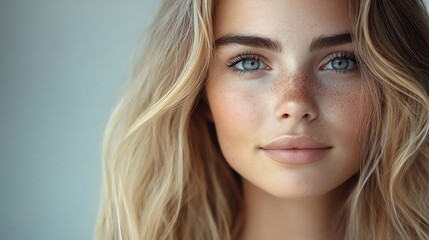 Fototapeta premium Portrait of a young blonde woman with natural makeup and natural styling Advertising of natural cosmetics Beauty salon advertisement Care cosmetics face and body skin care : Generative AI