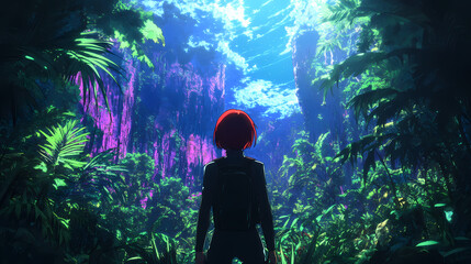 An anime character exploring a vibrant alien jungle. Alien Jungle. Illustration