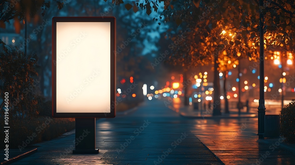 Poster Mockup Of Bus Stop Vertical Billboard In Front Of Empty Street Background At Night Blank Advertising Display In A Park : Generative AI
