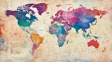 world map with detailed continents, labeled countries, and major cities in soft pastel colors against a light textured background 