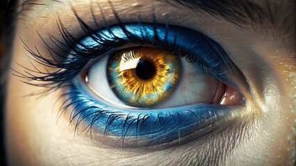 Fototapeta premium The Intricate Detail of a Human Eye with Bold Blue Eyeshadow and Vivid Golden Iris