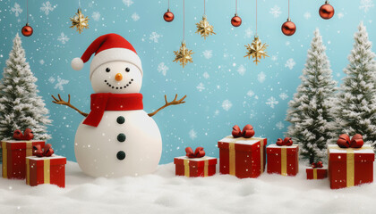 Fototapeta premium Playful winter wonderland with snowman, Christmas gifts, and festive decorations