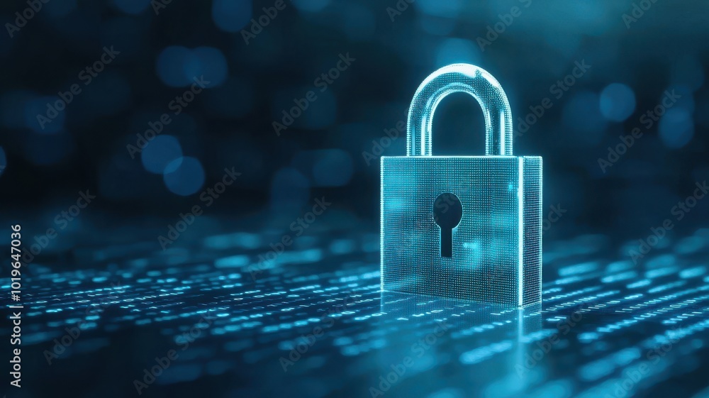Poster transparent padlock on a digital background representing cybersecurity and data protection.