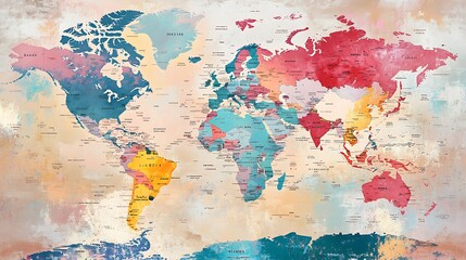 world map with detailed continents, labeled countries, and major cities in soft pastel colors against a light textured background 