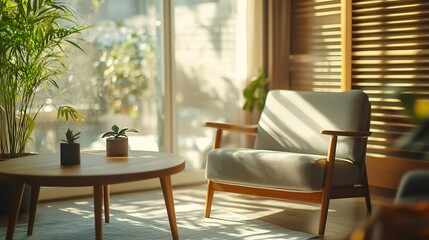 Fototapeta premium Interior of light living room with grey sofa armchair and wooden coffee table : Generative AI