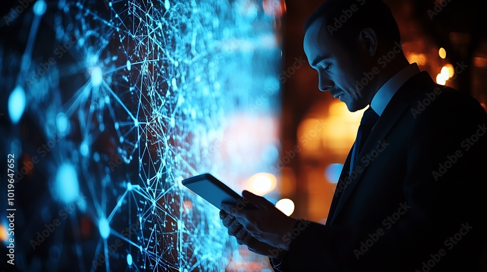 Fototapete Internet technology global business concept Businessman using digital tablet with global network connection on social networking and customer data analytics Business strategy and digit : Generative AI