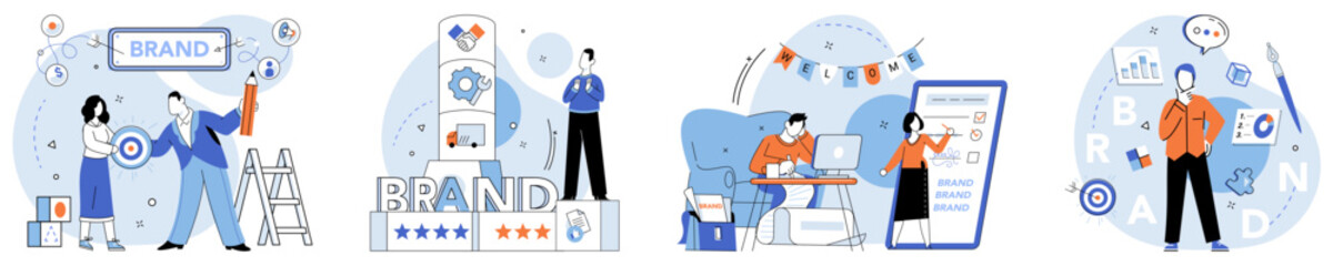 Brand building vector illustration. Build, sculptor, shapes contours and aesthetics brand under construction Business, ecosystem, sets stage for flourishing brands through strategic building