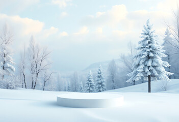 Obraz premium minimal Snowy round product stand display mockup with cloud and winter tree, winter fantasy landscape background
