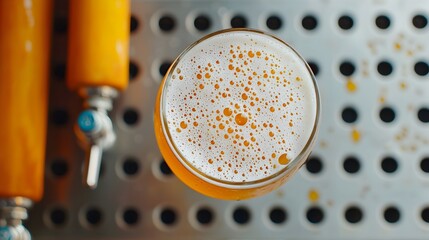 A bird s eye view of a frothy glass of beer on a bar counter with circular ripples and patterns spreading across the creamy effervescent foam on the surface of the golden liquid beverage