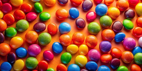 Obraz premium A vibrant collection of colorful candy coated chocolate buttons, scattered across a bright orange surface, creating a cheerful and enticing visual delight.