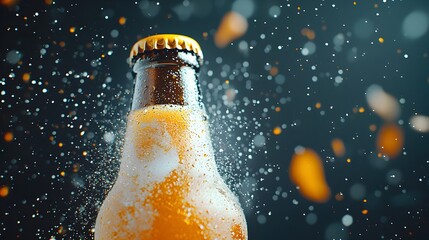 A close up photograph showcasing the intricate details of condensation beads delicately forming on the surface of a cold beer bottle set against a dark and moody backdrop