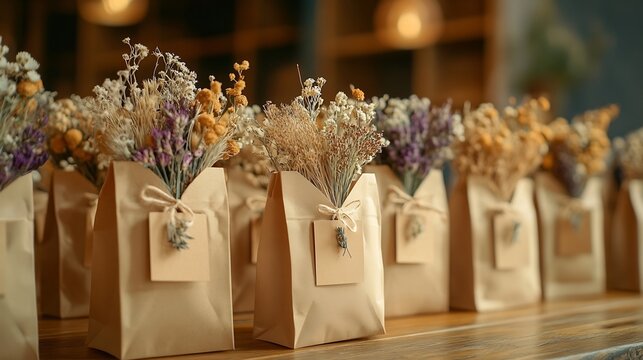 Wedding favors packaging in craft bags with custom label and dry flowers decoration ecological party diy handmade souvenirs in natural color : Generative AI