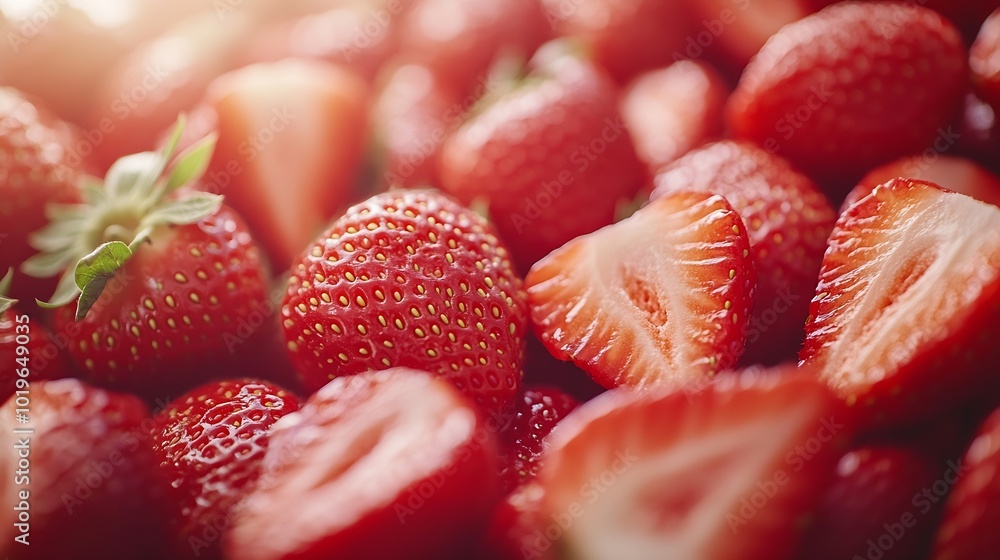 Poster strawberry background blurred natural red background texture of strawberry berries beautiful sliced 