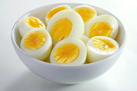 A bowl filled with halved boiled eggs, showcasing their bright yellow yolks and white egg whites, perfect for a nutritious meal or snack.