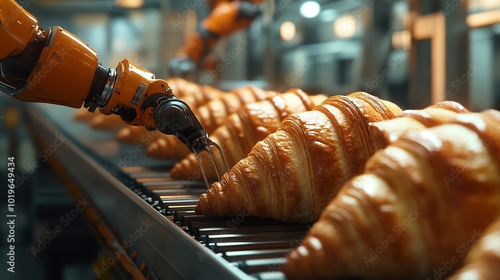 Aufkleber Mechanical robots take semifinished products from conveyor belt and put them into containers Mechanical robots replacing human labor in factory Mechanical robots in mass production Fre : Generative AI