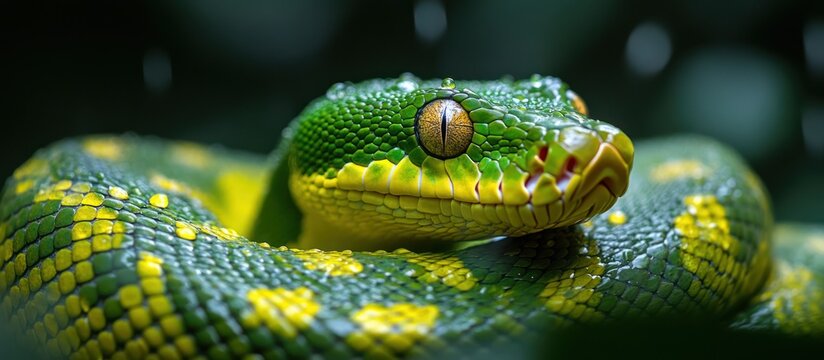 Green Tree Python with yellow scales and a focused look, coiled around a branch.