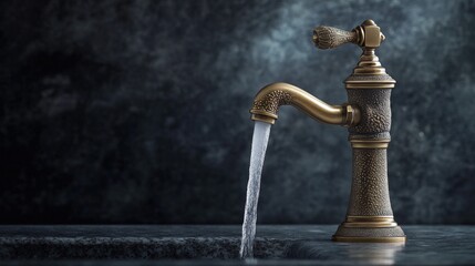 Close-up of an ornate, vintage brass faucet with water running into a sink.