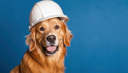 A cheerful golden retriever wearing a white hard hat against a blue background, suggesting a playful take on construction or safety themes.