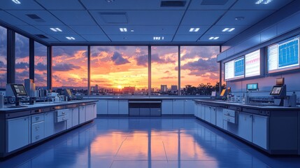 Modern laboratory with sunset view and advanced equipment.