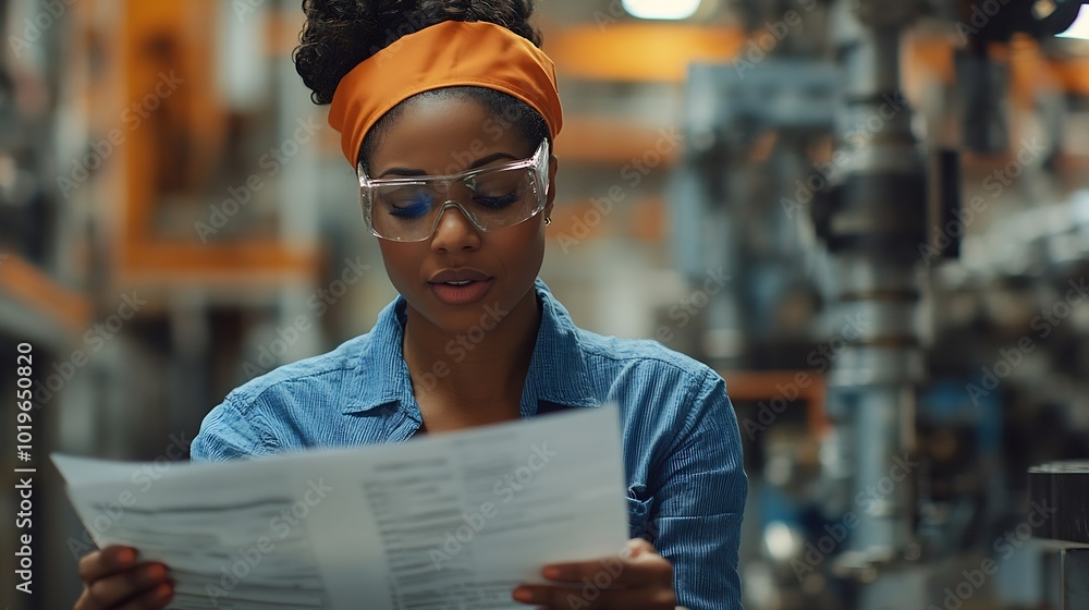 Poster Female engineer reading technical documentation with project manager in modern industrial factory talking about new production project investment Team management in manufacturing facil : Generative AI