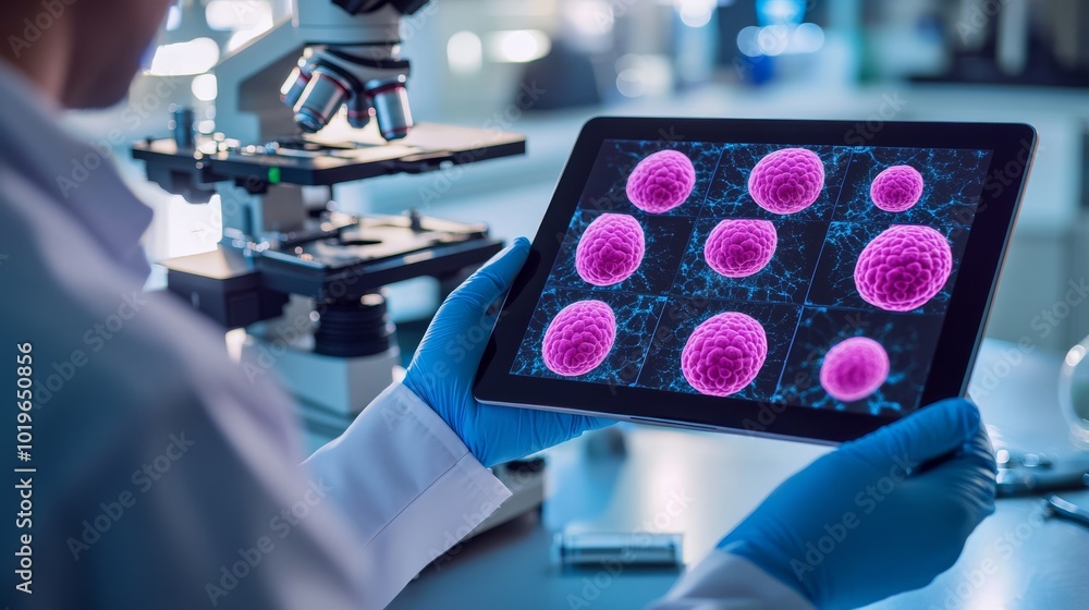 Poster a scientist analyzes cell images on a tablet, with a microscope in the background, showcasing a high