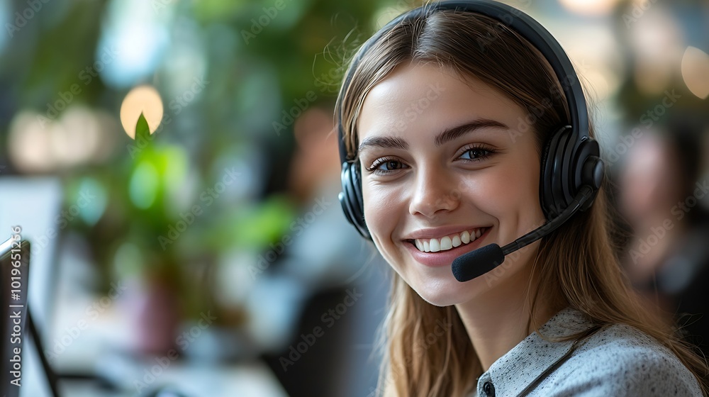Poster Smiling caucasian business woman with headset working on a laptop in a call center on the line Happy female working in a busy customer service department and taking notes while talking : Generative AI