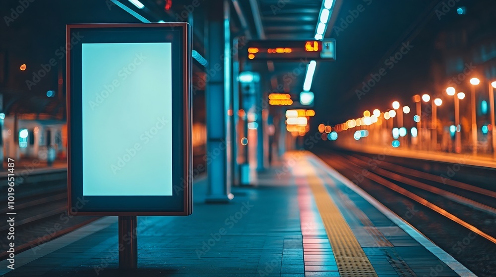 Aufkleber billboard on the passenger platform of a railway station at nightmockup : generative ai