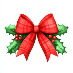 Festive Christmas Bow with Holly and Berries Clipart