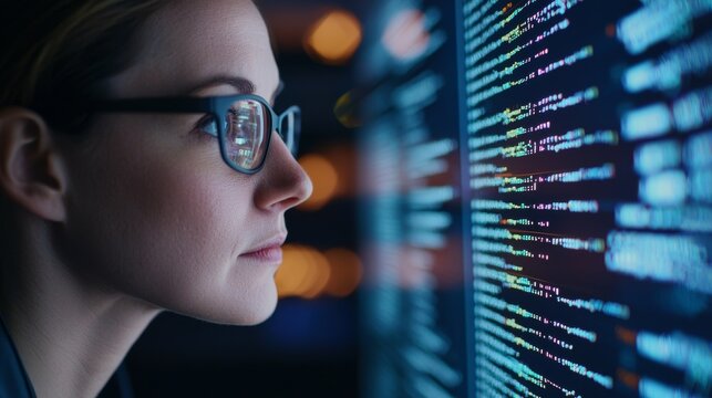 A woman with glasses focuses intently on a computer screen displaying lines of code, illustrating concentration in programming or data analysis.