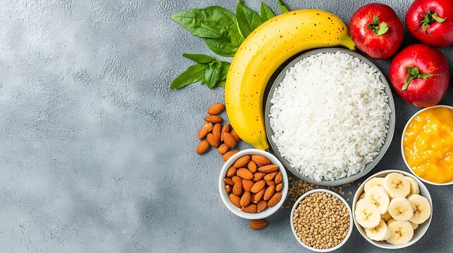 A simple minimalist plate featuring bland yet nourishing foods like rice bananas and applesauce designed to assist with the management of gastritis and digestive issues