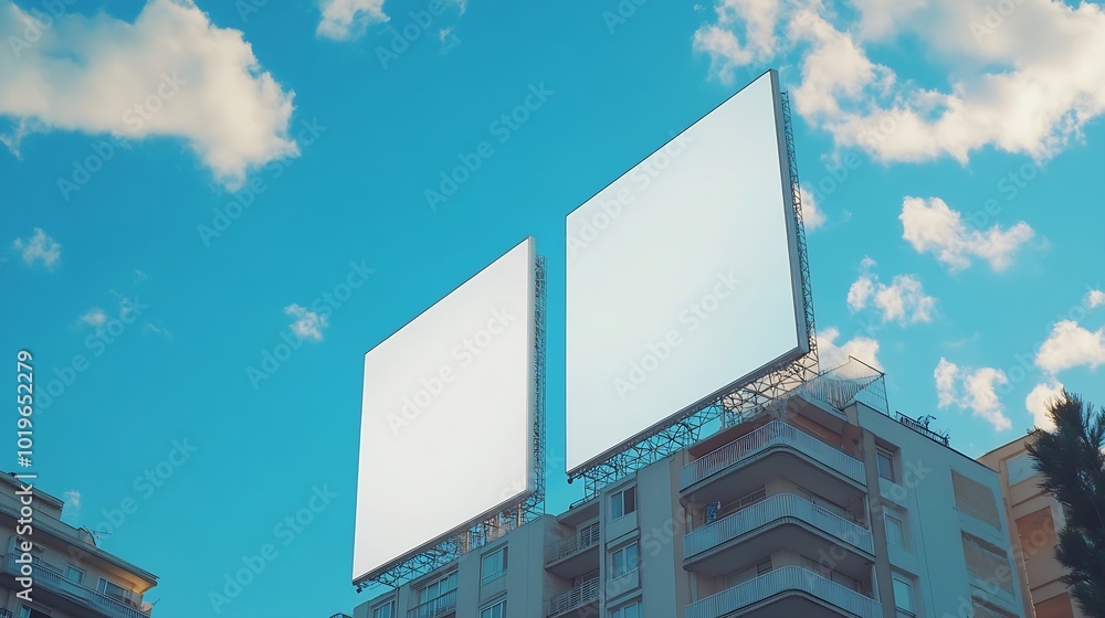 Poster Mock up two white vertical LED display billboard on tower building with blue sky background clipping path for mockup : Generative AI