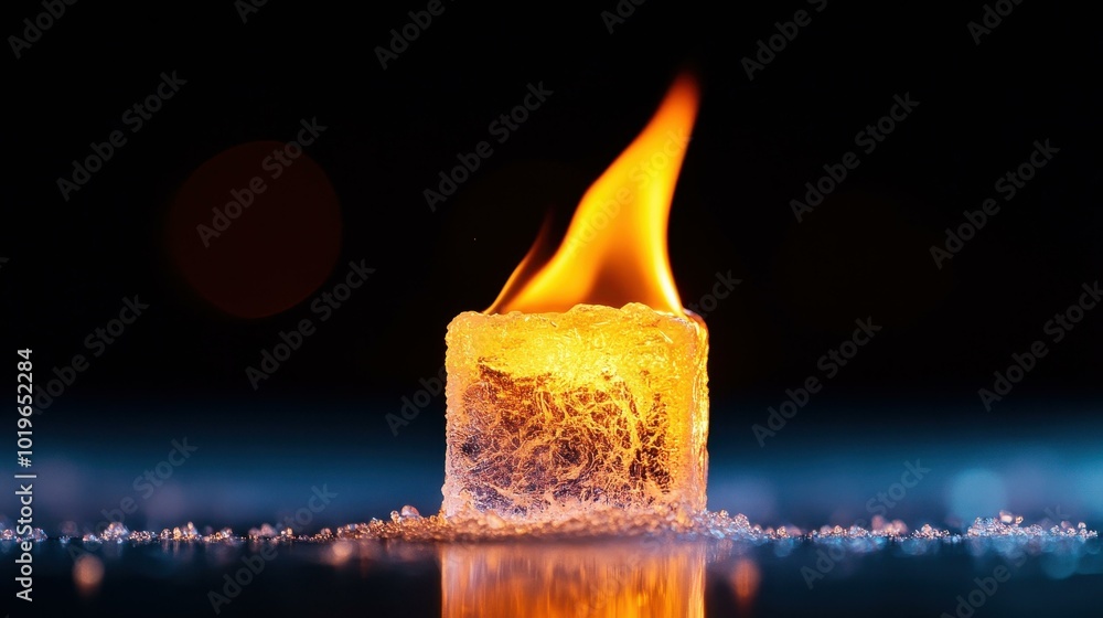 Poster discover the striking contrast in heat and cold with a fiery ice cube, exploring energy transformati