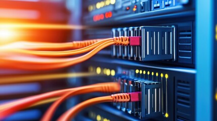 Visualize seamless data flow in a data center with connected servers and cuttingedge fiber optic technology.