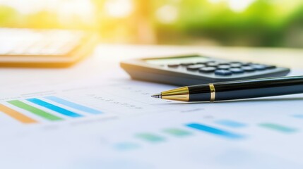 Fototapeta premium Analyze financial distress with graphs, a petition for bankruptcy, and essential tools like a pen and calculator.