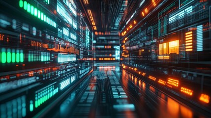 Digital Corridor of Glowing Code and Data Streams