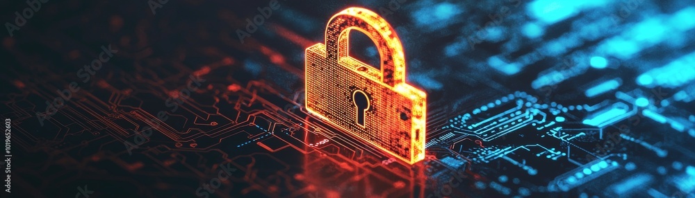 Poster a digital padlock symbolizing cybersecurity, set against a backdrop of blue and red data patterns, r