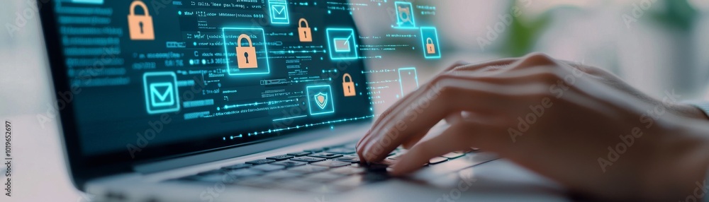 Aufkleber a person is using a laptop with an overlay of digital security icons, emphasizing cybersecurity and 