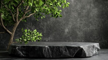 Black stone pedestal background presentation 3d stage podium of abstract nature tree branch leaf or product platform stand display rock showcase and empty dark marble premium scene blank space mockup