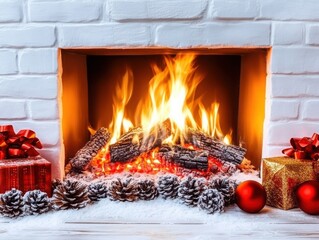 Cozy Fireplace with Holiday Ornaments and Gifts