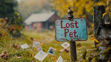 A weathered sign on a dilapidated fence reading  Lost Pet  with flyers and notices pinned around it indicating the heartache and concern for a missing animal in a rural countryside setting