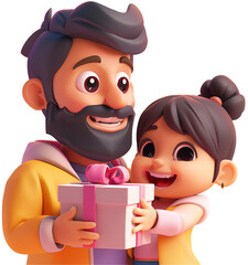 3D full-body character icon of a child offering a gift to their father with a bright smile,