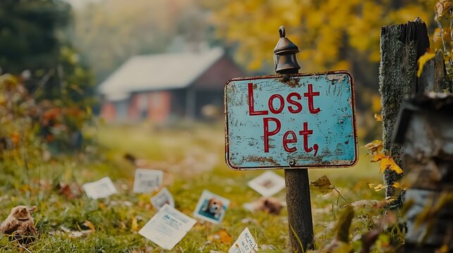A weathered sign on a dilapidated fence reading  Lost Pet  with flyers and notices pinned around it indicating the heartache and concern for a missing animal in a rural countryside setting - Powered by Adobe