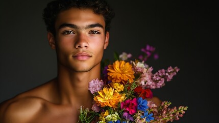 Naklejka premium A shirtless young man proudly displays a variety of colorful flowers arranged artistically on his chest in a studio setting : Generative AI